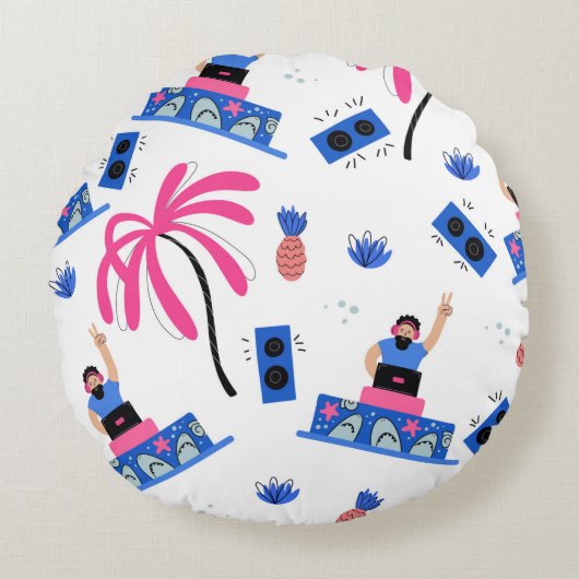 シームレスなパターンに、喜びのdjヤシの木のパイナップ ラウンドクッション (正面)