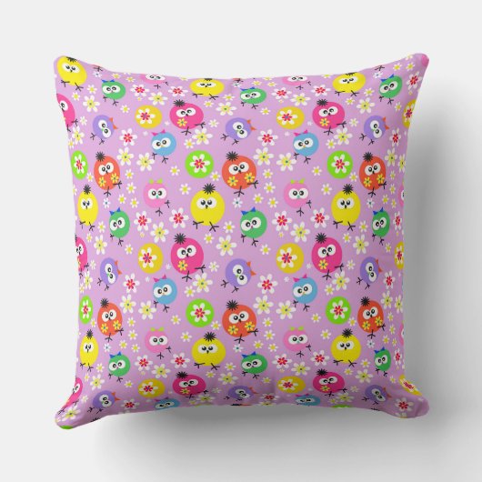シームレスなパターンの子供の鳥は明るい子供のフクロウ クッション (裏面)
