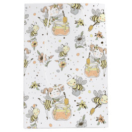 シームレスなパターンの蜂蜜の蜂、妖精、ベビーのミツバチ ミディアムペーパーバッグ