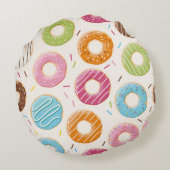 シームレスなパターン、カラフル美味しい光沢ドーナツ ラウンドクッション (裏面)