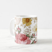 シームレスなパターン。美しいピンクの咲くレアリスティ コーヒーマグカップ (正面左)