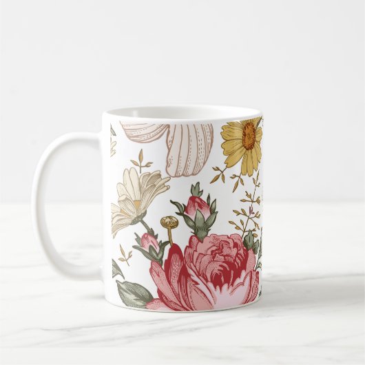 シームレスなパターン。美しいピンクの咲くレアリスティ コーヒーマグカップ (左)