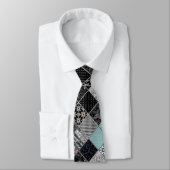 シームレスなパッチワーク・モノクロム黒灰色ホワイト模様 ネクタイ (タイ)