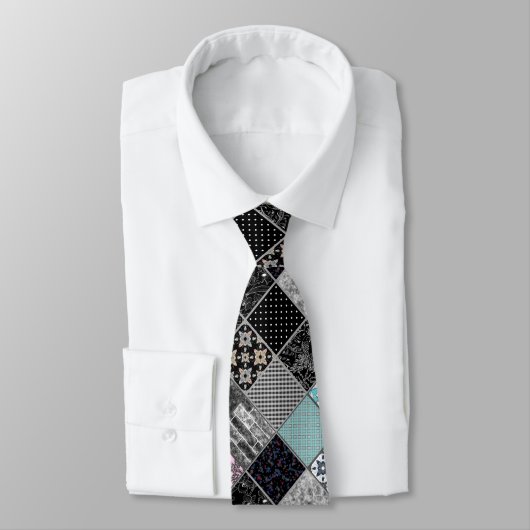 シームレスなパッチワーク・モノクロム黒灰色ホワイト模様 ネクタイ (タイ)