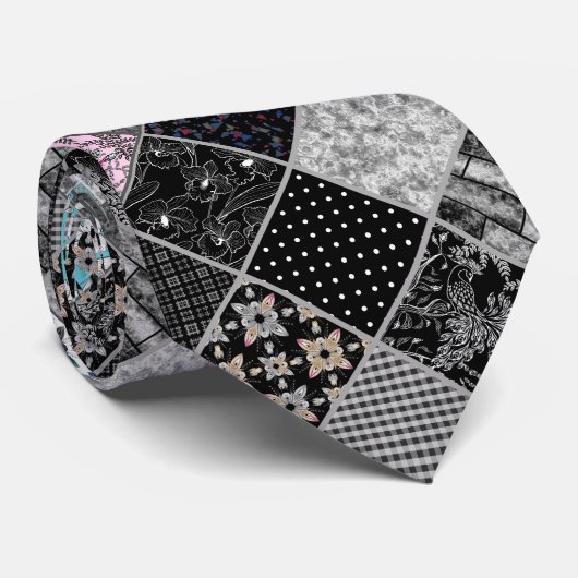 シームレスなパッチワーク・モノクロム黒灰色ホワイト模様 ネクタイ (ロール)
