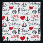 シームレスなパ航海のターン バンダナ<br><div class="desc">記号航海の(帆船、航海のいかり、波、海馬、貝殻)と赤いハートの白地装飾を伴うシームレスな文文字デザイン様（白地）</div>