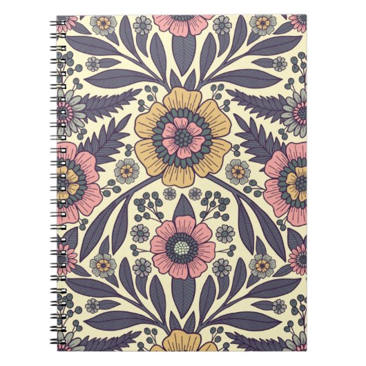 シームレスなピンクとブルーのフローラルパターン ノートブック (正面)