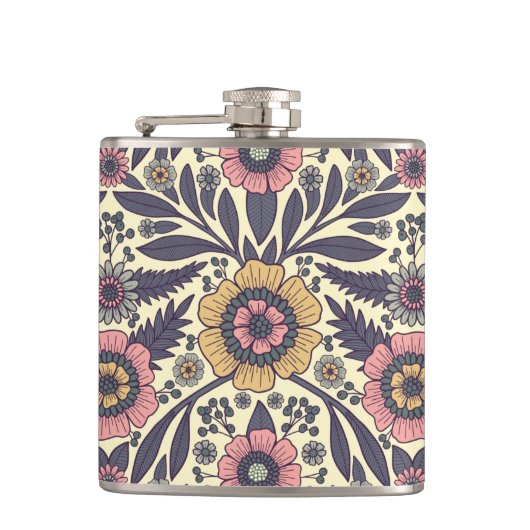 シームレスなピンクとブルーのフローラルパターン フラスク (正面)