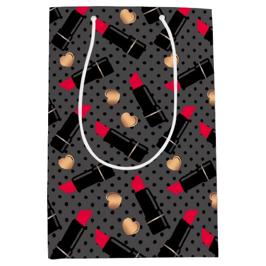 シームレスなファッション化粧品の赤い口紅水玉模様 ミディアムペーパーバッグ (正面)