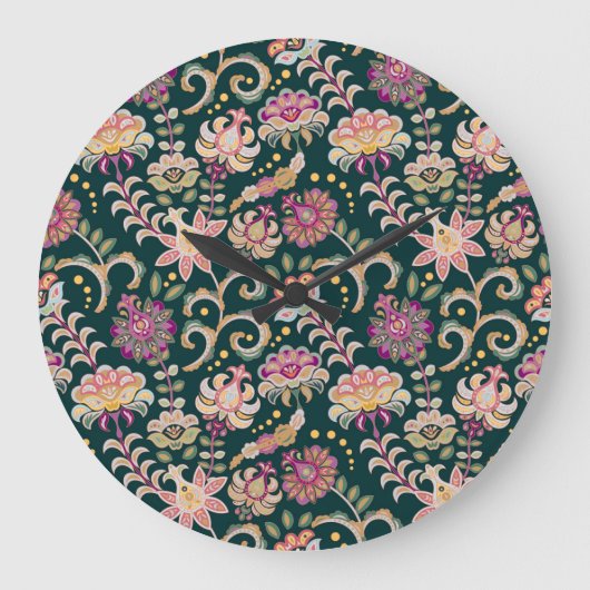 シームレスなフローラピンクの濃い背景 ラージ壁時計 (正面)