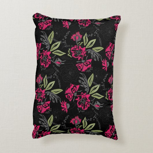 シームレスなフローラピンクの花の緑の葉スケッチ アクセントクッション (裏面(縦))