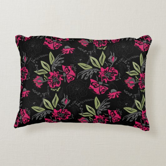 シームレスなフローラピンクの花の緑の葉スケッチ アクセントクッション (裏面)