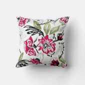 シームレスなフローラピンクの花の緑の葉スケッチ クッション (裏面)