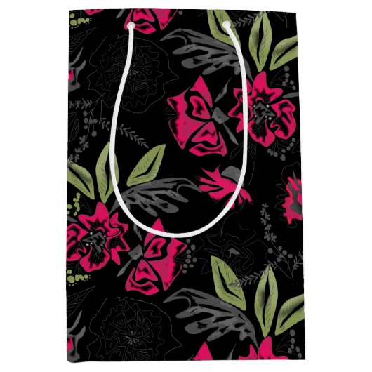 シームレスなフローラピンク葉の花水色部分 ミディアムペーパーバッグ (正面)