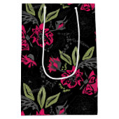 シームレスなフローラピンク葉の花水色部分 ミディアムペーパーバッグ (裏面)