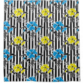 シームレスなフローラブルー黄色の花グレイの葉 シャワーカーテン (正面)