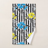 シームレスなフローラブルー黄色の花グレイの葉 バスタオルセット (ハンドタオル)