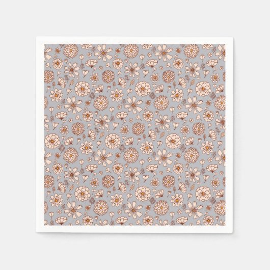 シームレスなフローラルパターングレー スタンダードカクテルナプキン (正面)