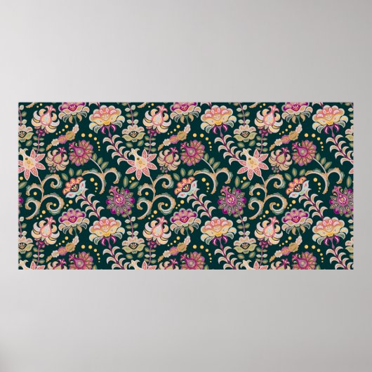 シームレスなフローラ背景ピンクの花と葉 ポスター (正面)