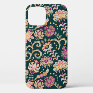 シームレスなフローラ背景。ピンクの花と葉 iPhone 12ケース