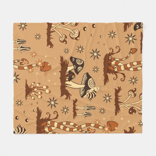 シームレスなヴィンテージ模様（黒いキノコをbに塗る） フリースブランケット (正面(横))