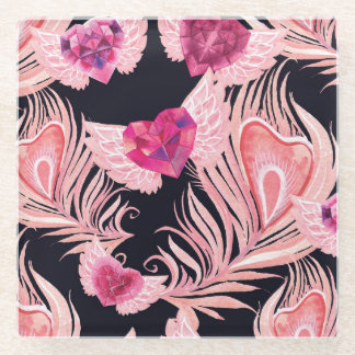 シームレスな優しい水彩画のバレンタインデーパターン ガラスコースター