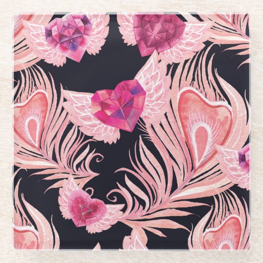 シームレスな優しい水彩画のバレンタインデーパターン ガラスコースター (正面)