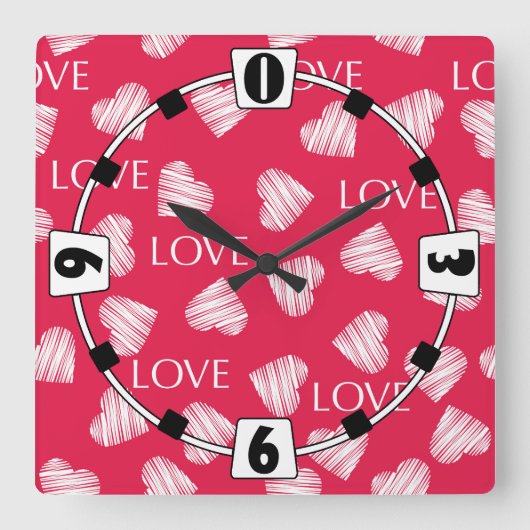シームレスな愛バレンタインデーピンク白いスクラッチ彼 スクエア壁時計 (正面)