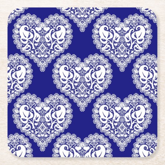 シームレスな愛バレンタインデー海軍ホワイトレレースのようース スクエアペーパーコースター (正面)