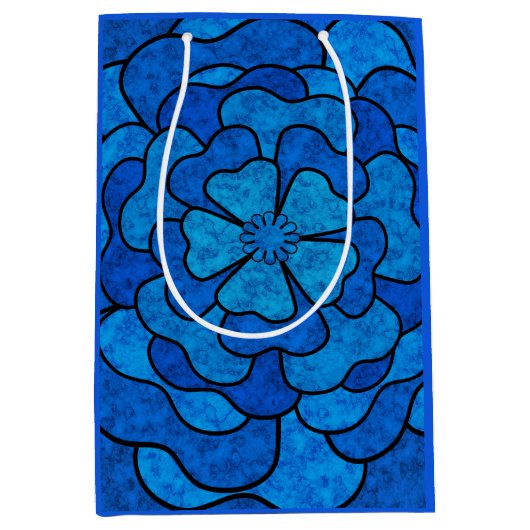 シームレスな抽象芸術フローラ花ブラックネイビーカラー ミディアムペーパーバッグ (正面)