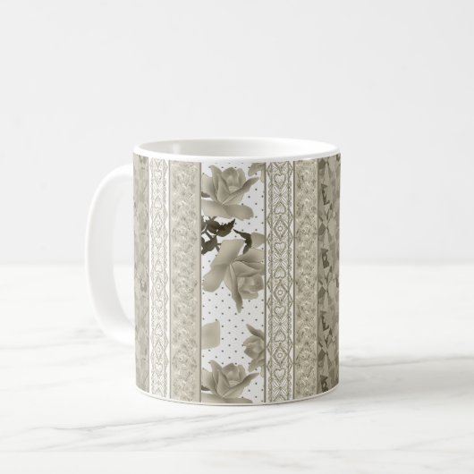 シームレスな抽象芸術レースのレトロヴィンテージベージュバラf コーヒーマグカップ (正面左)