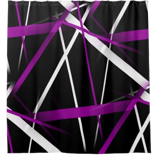 シームレスな抽象芸術紫と白の線（黒） シャワーカーテン (正面)
