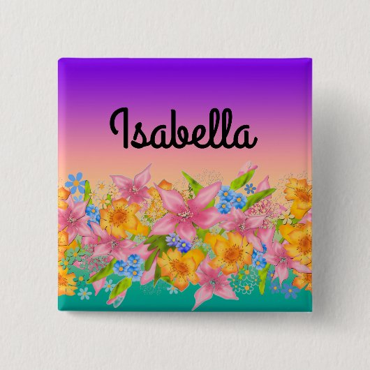 シームレスな春フローラ花ピンク黄色オレンジ 缶バッジ (正面)