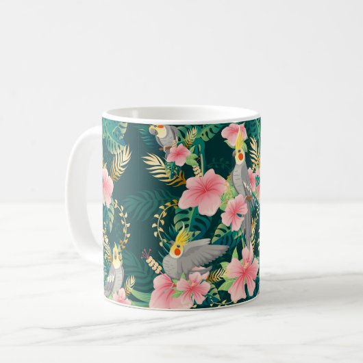 シームレスな柄のかわいいコクタイルの鸚鵡が大きな姿で祭る コーヒーマグカップ (正面左)