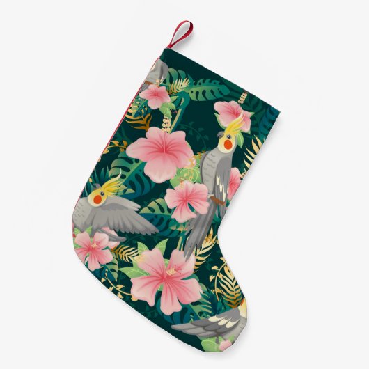 シームレスな柄のかわいいコクタイルの鸚鵡が大きな姿で祭る スモールクリスマスストッキング (正面 (吊り時))