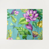 シームレスな植物柄ピンク&イエローロータス タペストリー (正面(横))