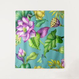 シームレスな植物柄ピンク&イエローロータス タペストリー