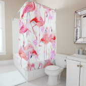 シームレスな模様の水色バラとピンクフラミン シャワーカーテン (インサイチュ)