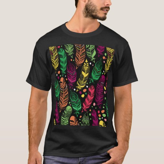 シームレスな民族の羽鮮やか、パターン。 Tシャツ (正面)