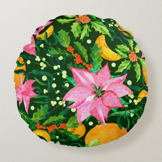 シームレスな水の色ポインセット付きクリスマスパターン ラウンドクッション (正面)