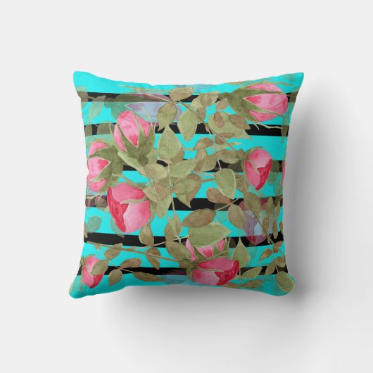 シームレスな水色の花ピンクのバラのフローラローマ クッション (裏面)