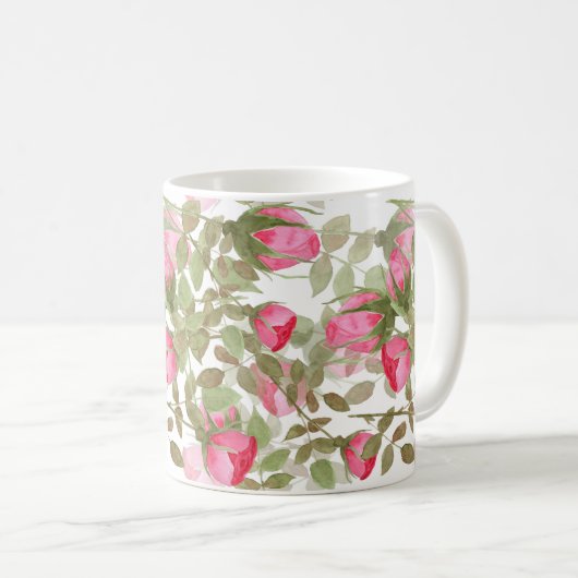 シームレスな水色の花ピンクのバラのフローラローマ コーヒーマグカップ (正面右)