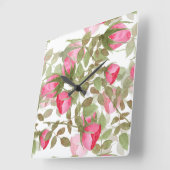 シームレスな水色の花ピンクのバラのフローラローマ スクエア壁時計 (傾斜)