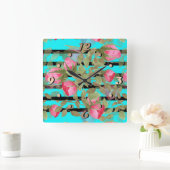 シームレスな水色の花ピンクのバラのフローラローマ スクエア壁時計 (ホーム)