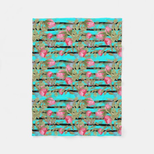 シームレスな水色の花ピンクのバラのフローラローマ フリースブランケット (正面)