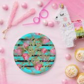 シームレスな水色の花ピンクのバラのフローラローマ ペーパープレート (パーティー)