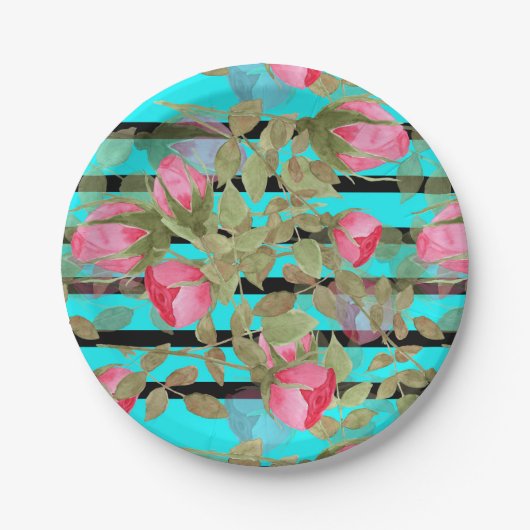 シームレスな水色の花ピンクのバラのフローラローマ ペーパープレート (正面)