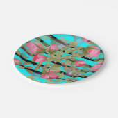 シームレスな水色の花ピンクのバラのフローラローマ ペーパープレート (アングル)