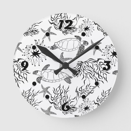 シームレスな海中海ウミガメの植物サンゴ ラウンド壁時計 (正面)