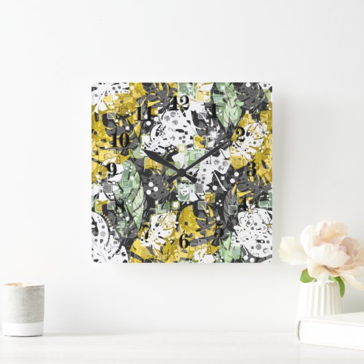シームレスな熱帯ジャングルのエキゾチックな抽象芸術幾何学的 スクエア壁時計 (ホーム)